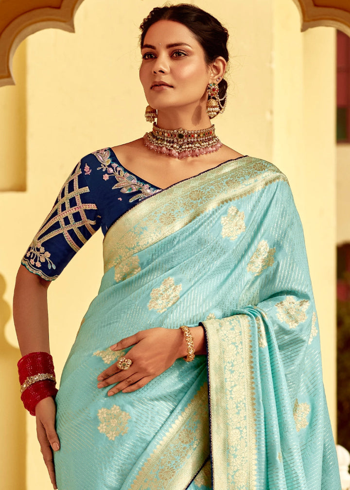 Baby Blue Dola Silk Saree with Intricate Weaving & Embroidered Blouse - House of Sarvati LLC