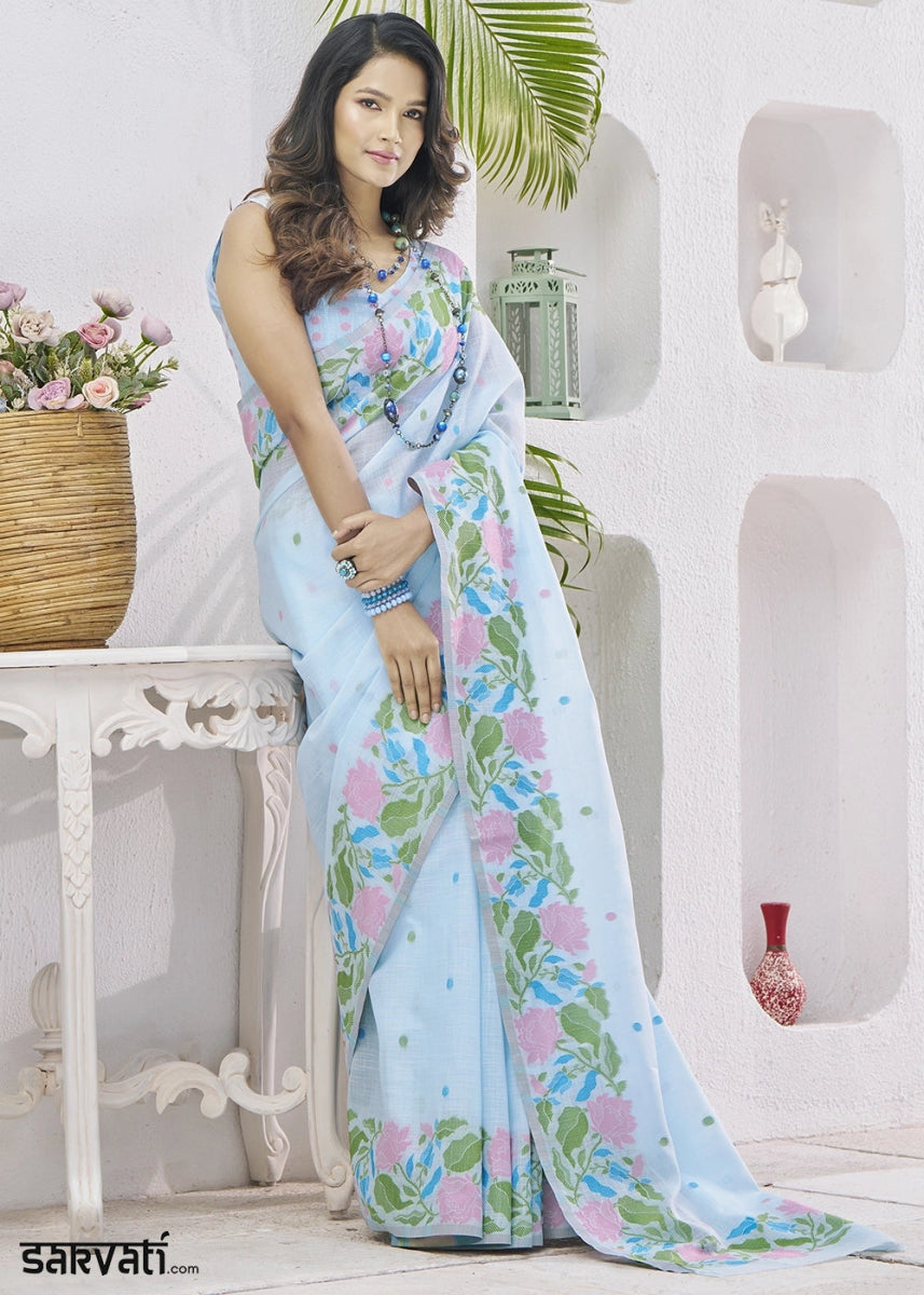 Baby Blue Linen Silk Saree with Delicate Floral Designs - House of Sarvati LLC