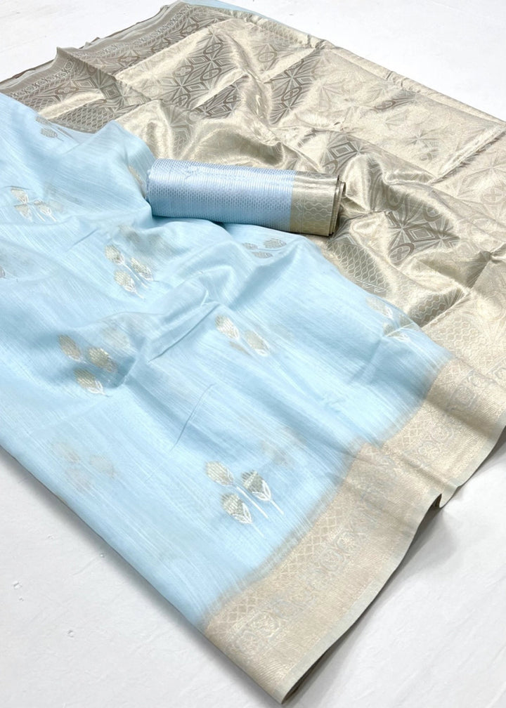 Baby Blue Linen Silk Saree with Woven Zari Highlights - House of Sarvati LLC