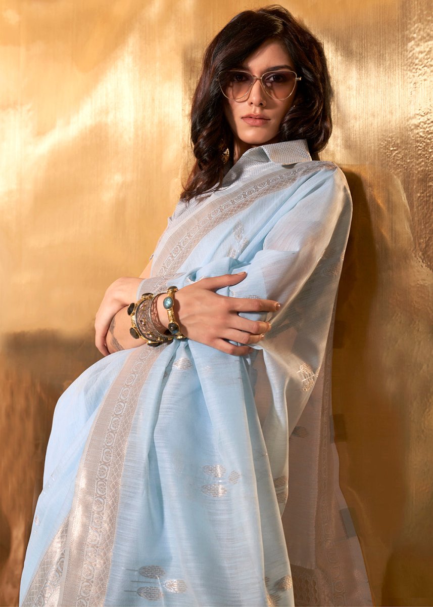 Baby Blue Linen Silk Saree with Woven Zari Highlights - House of Sarvati LLC