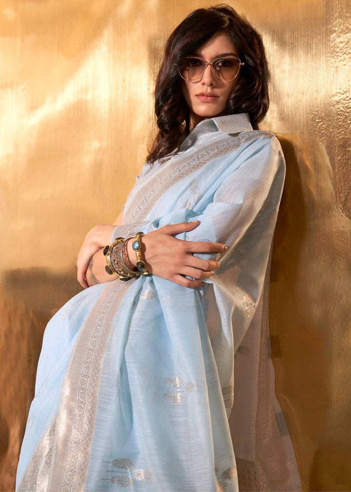 Baby Blue Linen Silk Saree with Woven Zari Highlights - House of Sarvati LLC