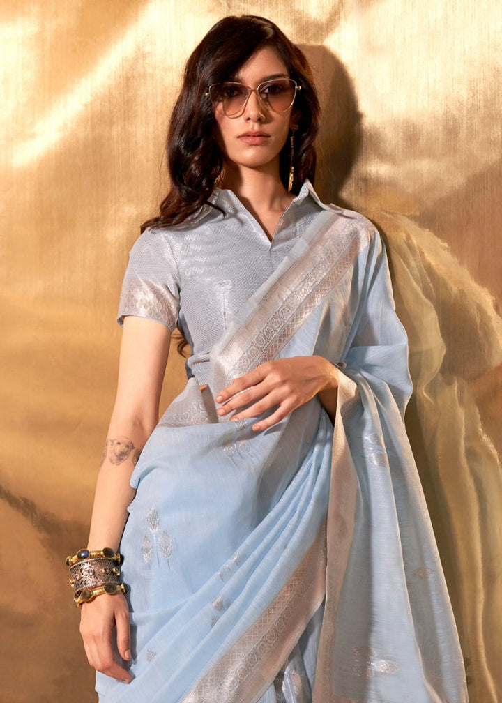 Baby Blue Linen Silk Saree with Woven Zari Highlights - House of Sarvati LLC