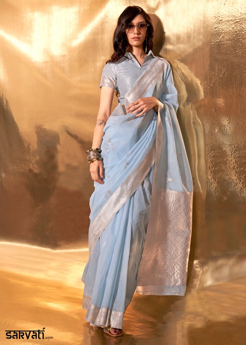 Baby Blue Linen Silk Saree with Woven Zari Highlights - House of Sarvati LLC