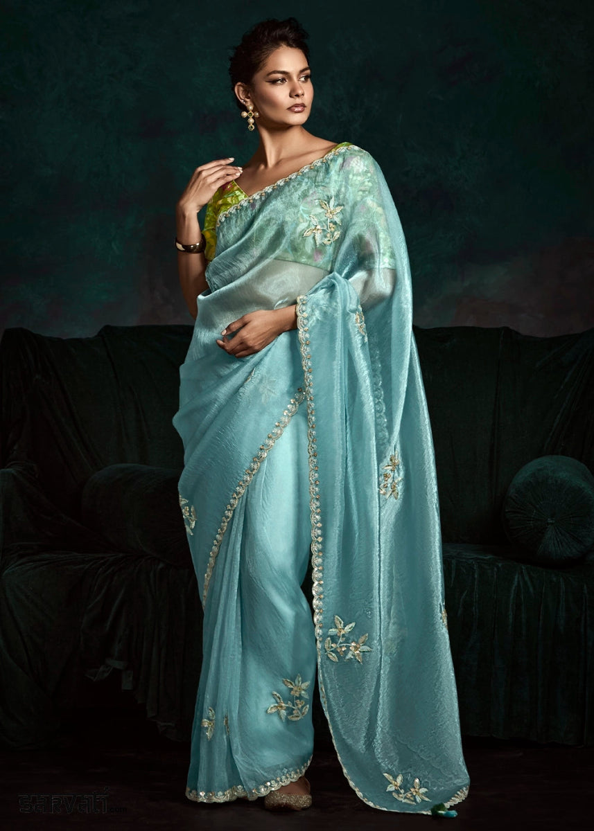 Baby Blue Tissue Saree with Dhaga,Thread & Sequin Embellishments - House of Sarvati LLC