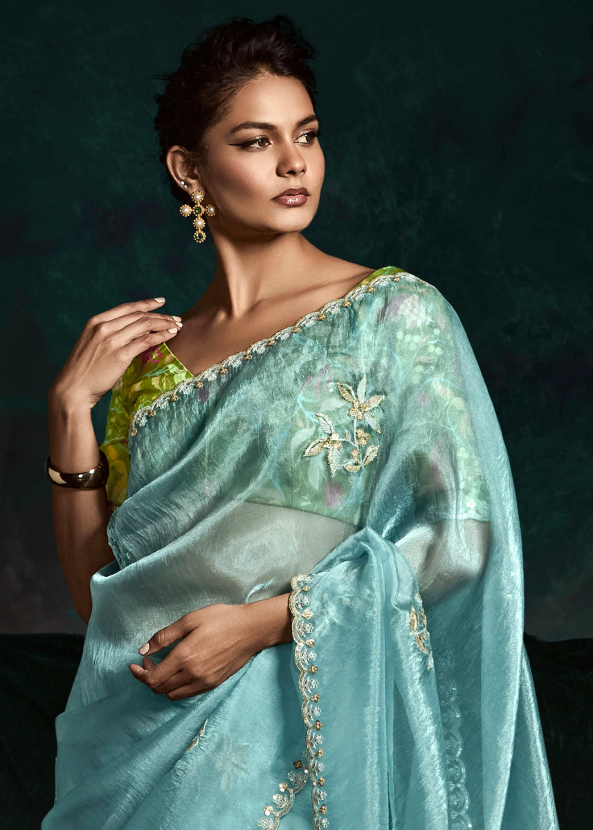Baby Blue Tissue Saree with Dhaga,Thread & Sequin Embellishments - House of Sarvati LLC