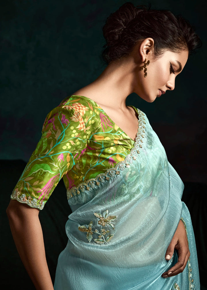 Baby Blue Tissue Saree with Dhaga,Thread & Sequin Embellishments - House of Sarvati LLC