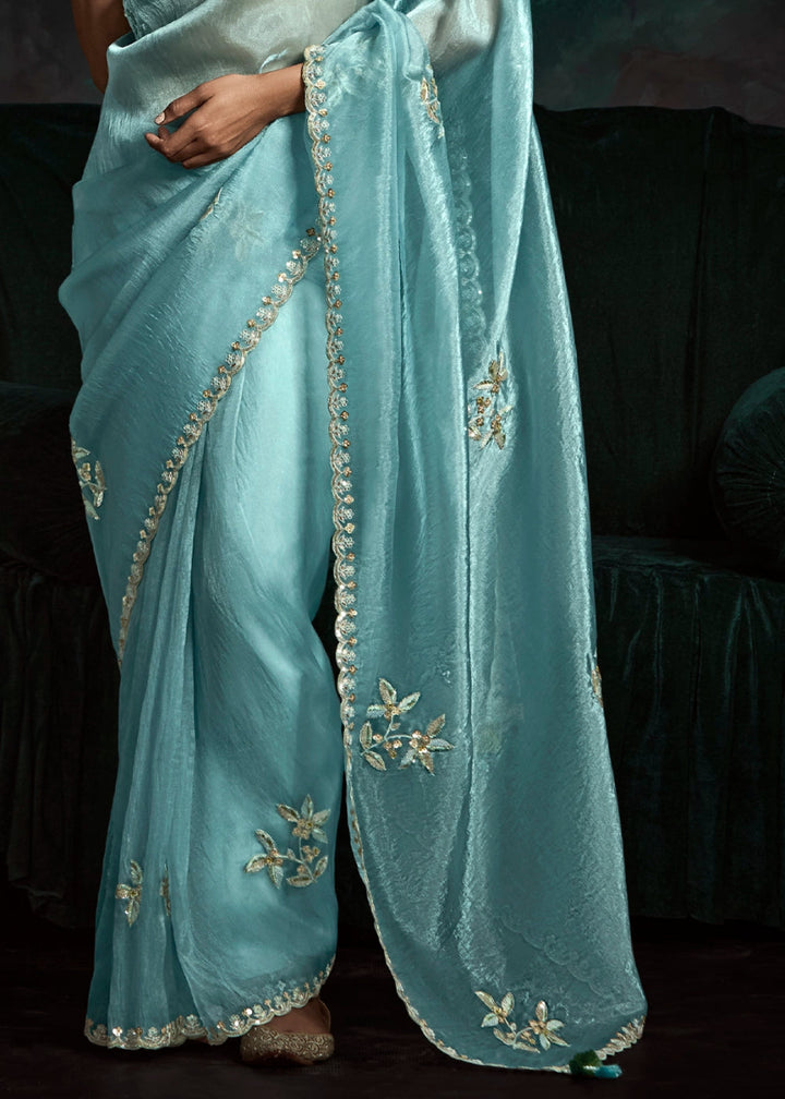 Baby Blue Tissue Saree with Dhaga,Thread & Sequin Embellishments - House of Sarvati LLC