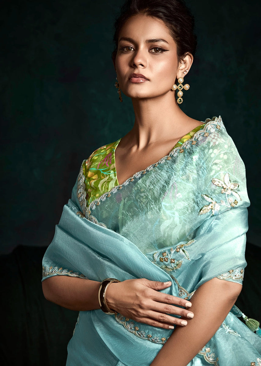 Baby Blue Tissue Saree with Dhaga,Thread & Sequin Embellishments - House of Sarvati LLC