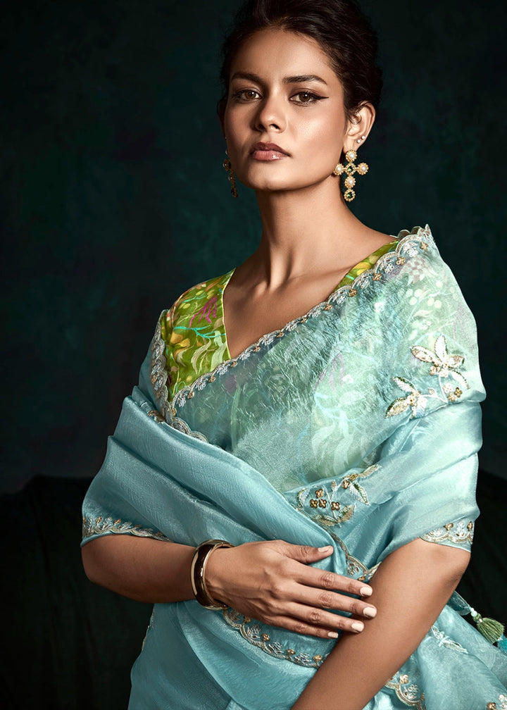 Baby Blue Tissue Saree with Dhaga,Thread & Sequin Embellishments - House of Sarvati LLC