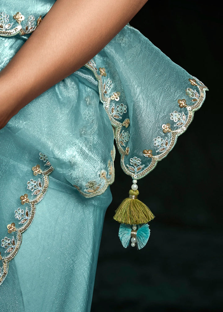 Baby Blue Tissue Saree with Dhaga,Thread & Sequin Embellishments - House of Sarvati LLC