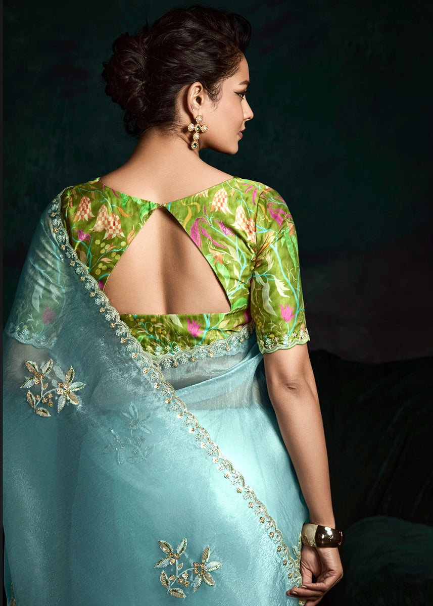 Baby Blue Tissue Saree with Dhaga,Thread & Sequin Embellishments - House of Sarvati LLC