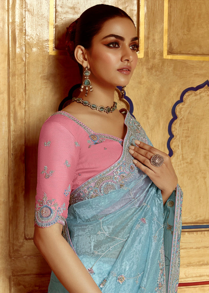 Baby Blue Tissue Silk Saree Beautified with Intricate Thread Embroidery And Sequin Accents - House of Sarvati LLC