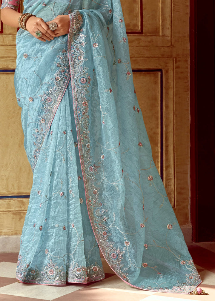 Baby Blue Tissue Silk Saree Beautified with Intricate Thread Embroidery And Sequin Accents - House of Sarvati LLC