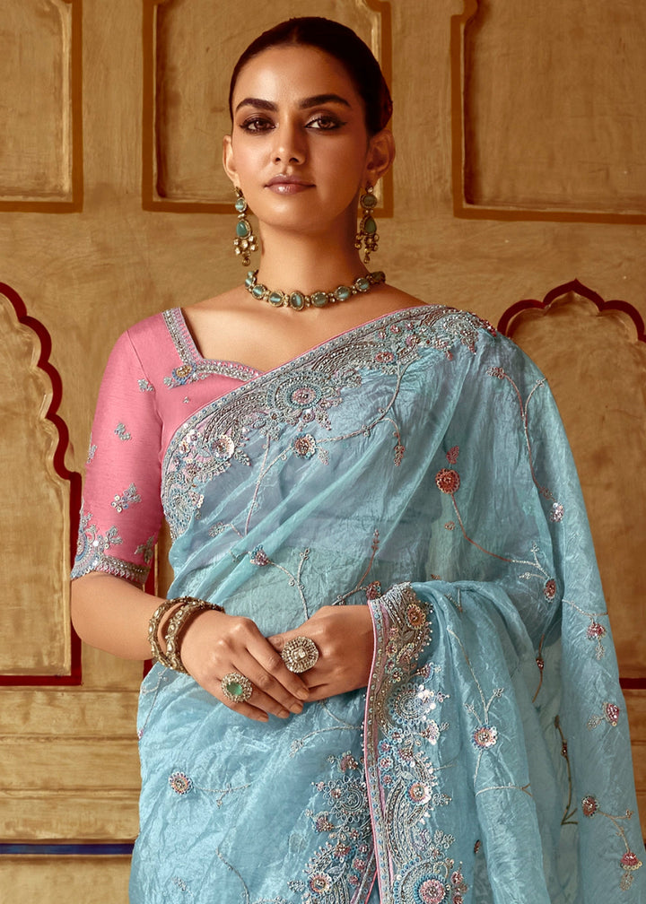 Baby Blue Tissue Silk Saree Beautified with Intricate Thread Embroidery And Sequin Accents - House of Sarvati LLC
