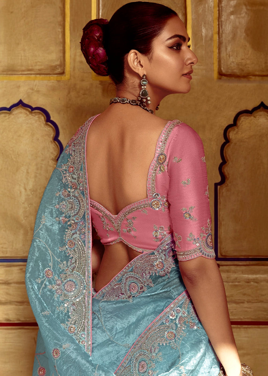 Baby Blue Tissue Silk Saree Beautified with Intricate Thread Embroidery And Sequin Accents - House of Sarvati LLC