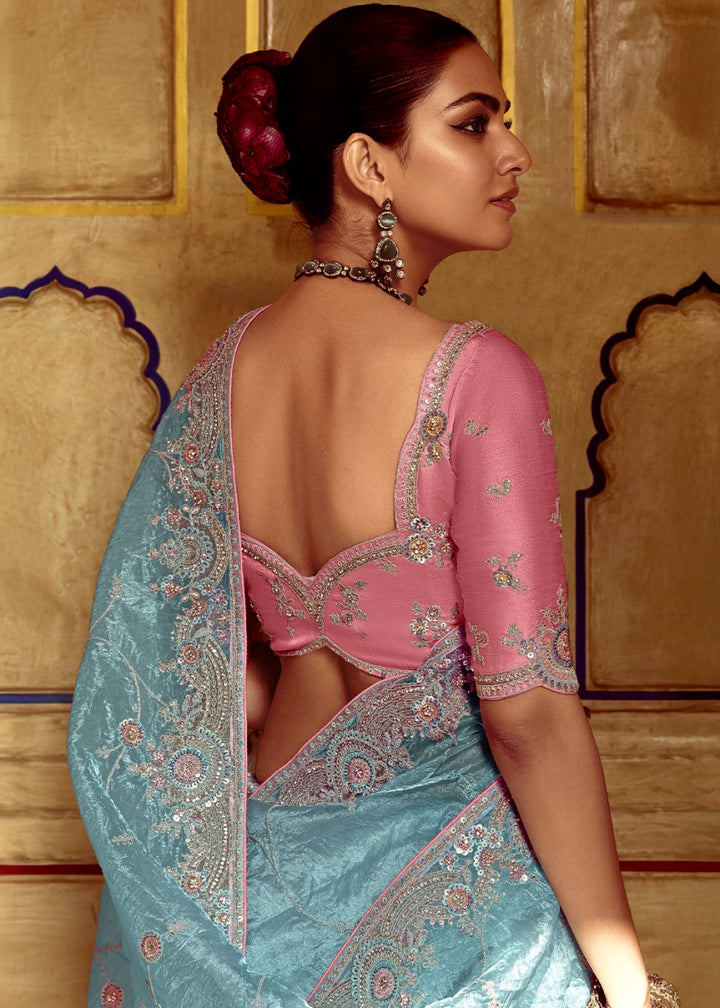 Baby Blue Tissue Silk Saree Beautified with Intricate Thread Embroidery And Sequin Accents - House of Sarvati LLC