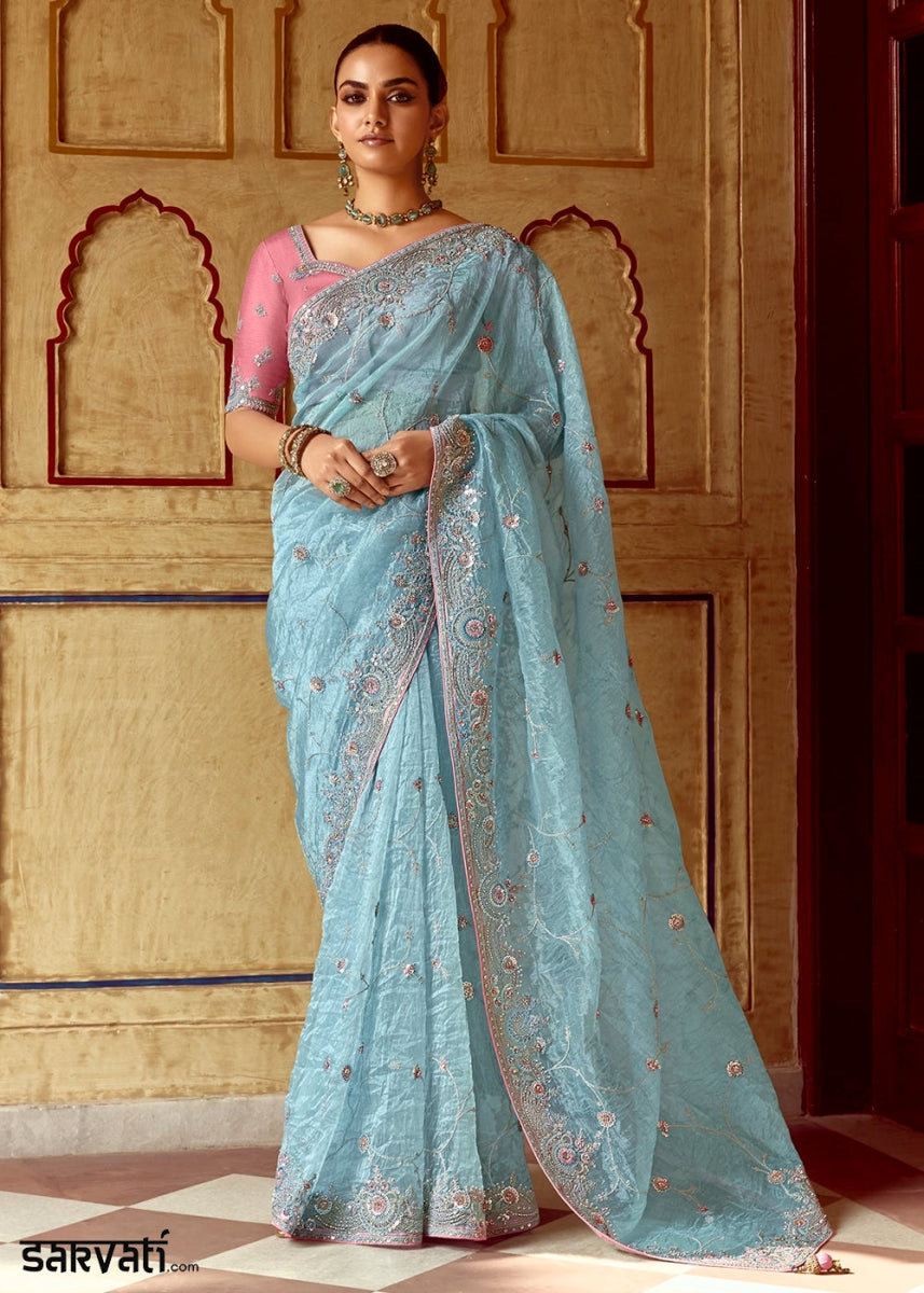 Baby Blue Tissue Silk Saree Beautified with Intricate Thread Embroidery And Sequin Accents - House of Sarvati LLC