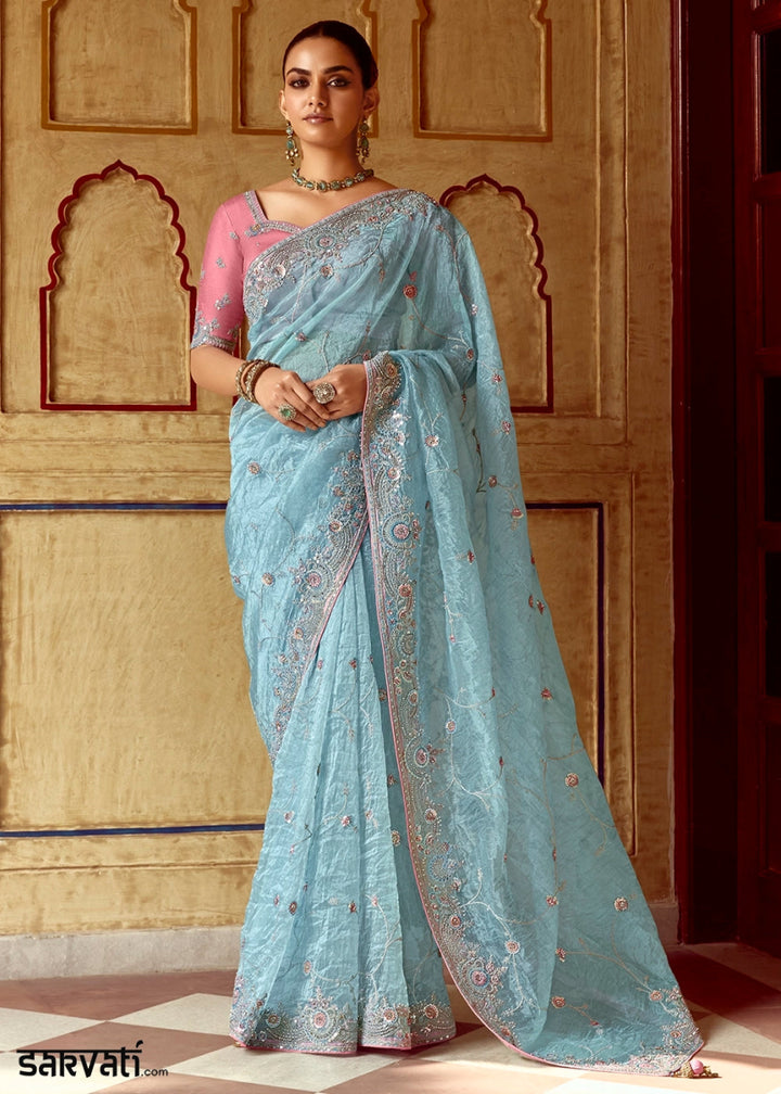 Baby Blue Tissue Silk Saree Beautified with Intricate Thread Embroidery And Sequin Accents - House of Sarvati LLC