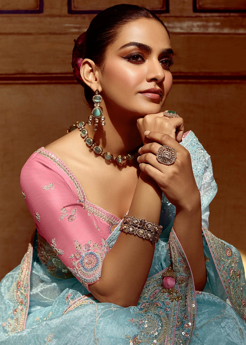 Baby Blue Tissue Silk Saree Beautified with Intricate Thread Embroidery And Sequin Accents - House of Sarvati LLC