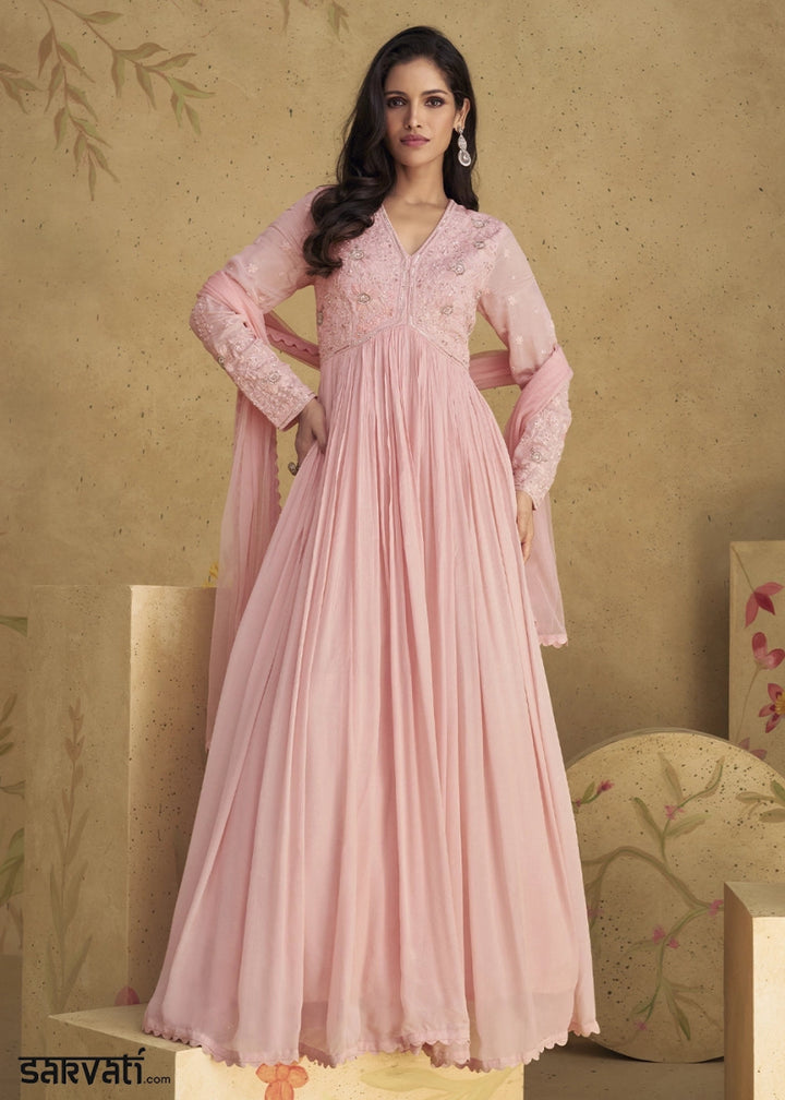Baby Pink Anarkali Gown in Georgette with Intricate Embroidery - House of Sarvati LLC