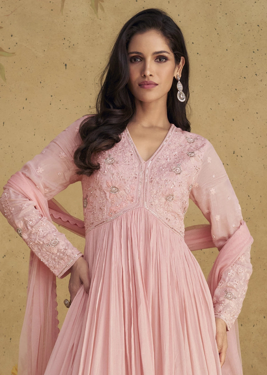 Baby Pink Anarkali Gown in Georgette with Intricate Embroidery - House of Sarvati LLC
