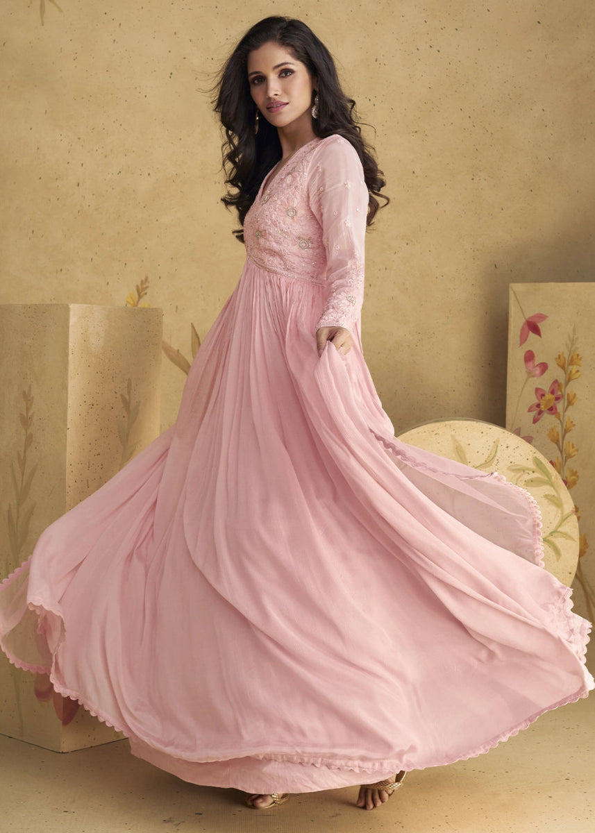 Baby Pink Anarkali Gown in Georgette with Intricate Embroidery - House of Sarvati LLC