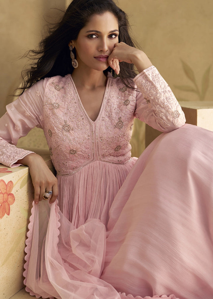 Baby Pink Anarkali Gown in Georgette with Intricate Embroidery - House of Sarvati LLC