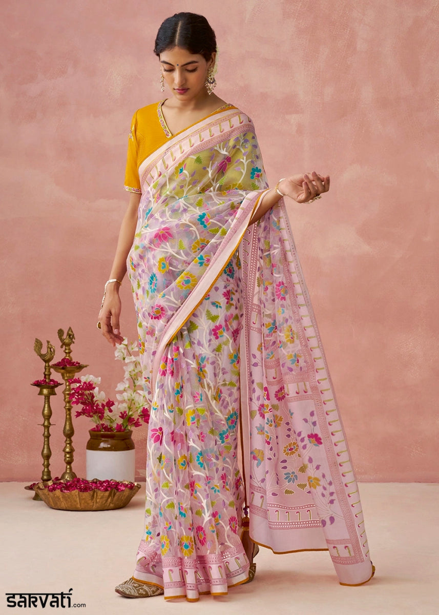 Baby Pink Brasso Organza Saree with Designer Embroidered Blouse - House of Sarvati LLC