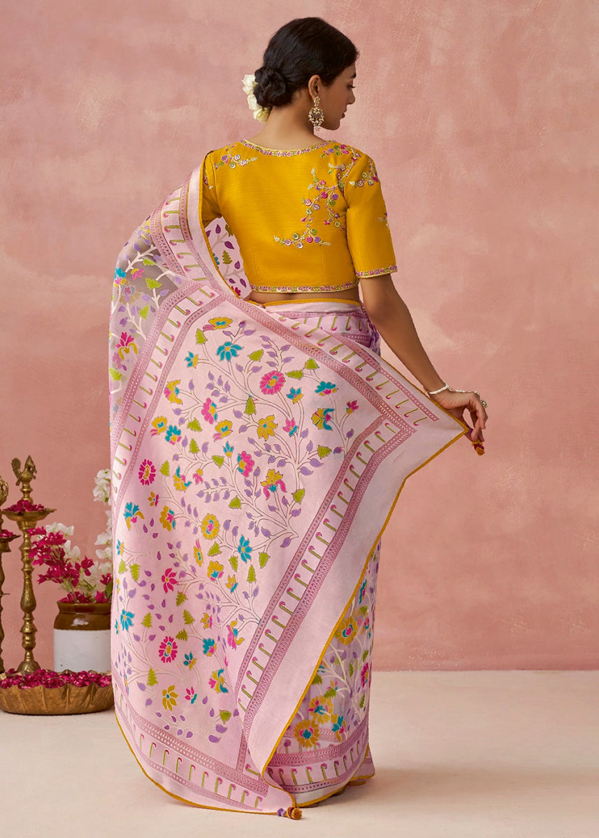 Baby Pink Brasso Organza Saree with Designer Embroidered Blouse - House of Sarvati LLC