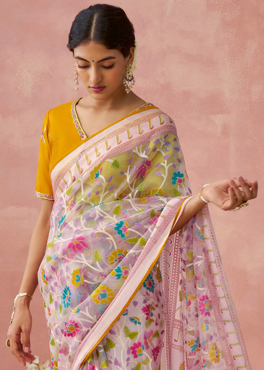 Baby Pink Brasso Organza Saree with Designer Embroidered Blouse - House of Sarvati LLC