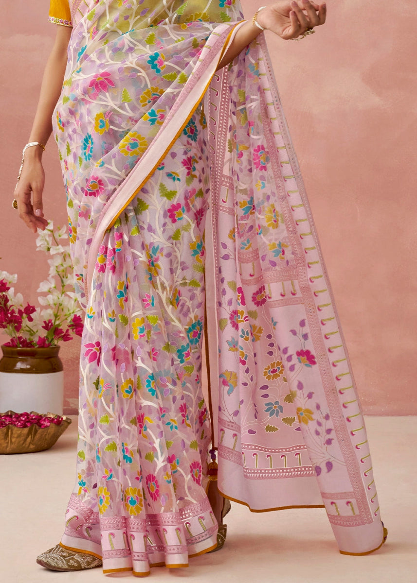 Baby Pink Brasso Organza Saree with Designer Embroidered Blouse - House of Sarvati LLC