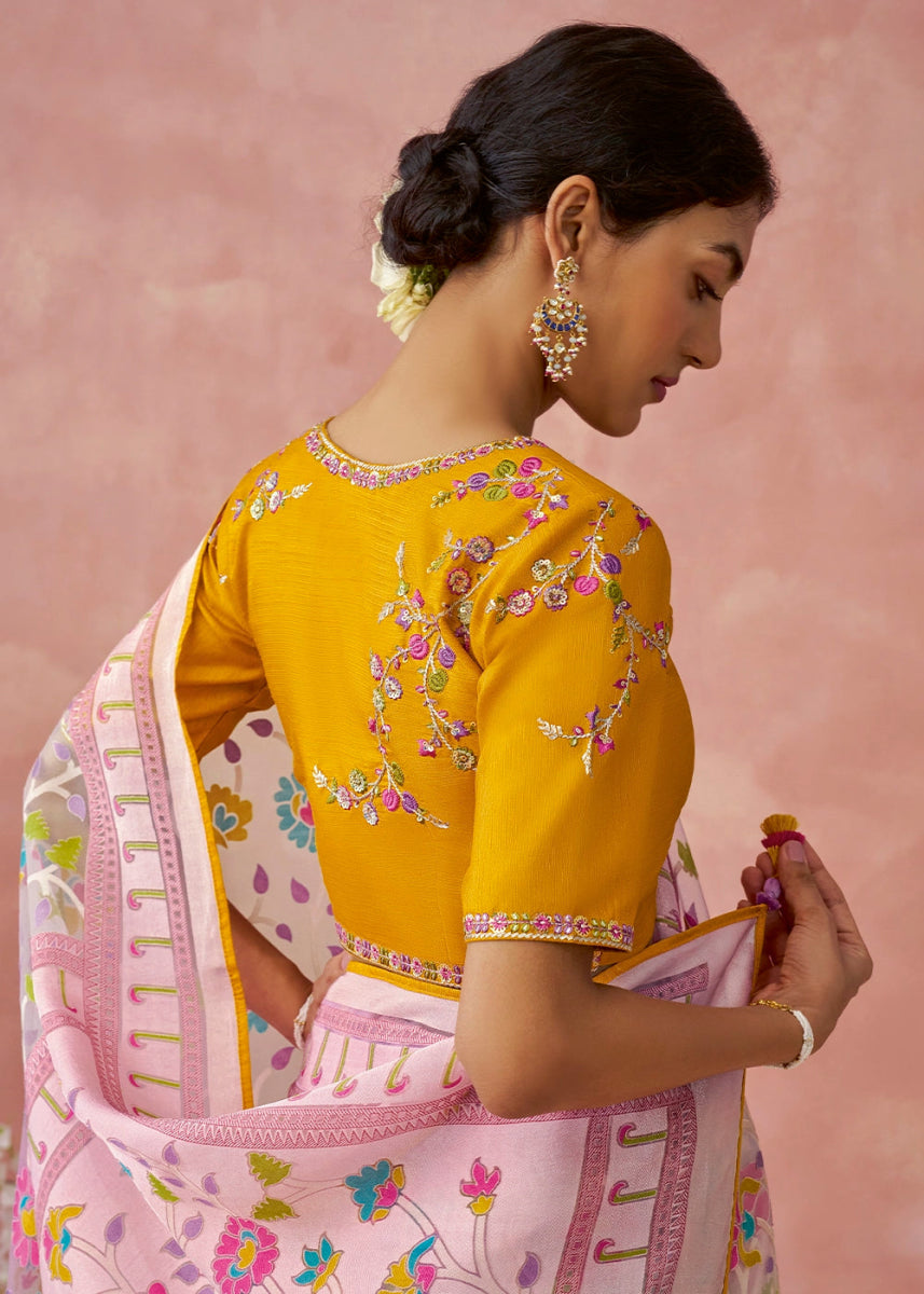 Baby Pink Brasso Organza Saree with Designer Embroidered Blouse - House of Sarvati LLC