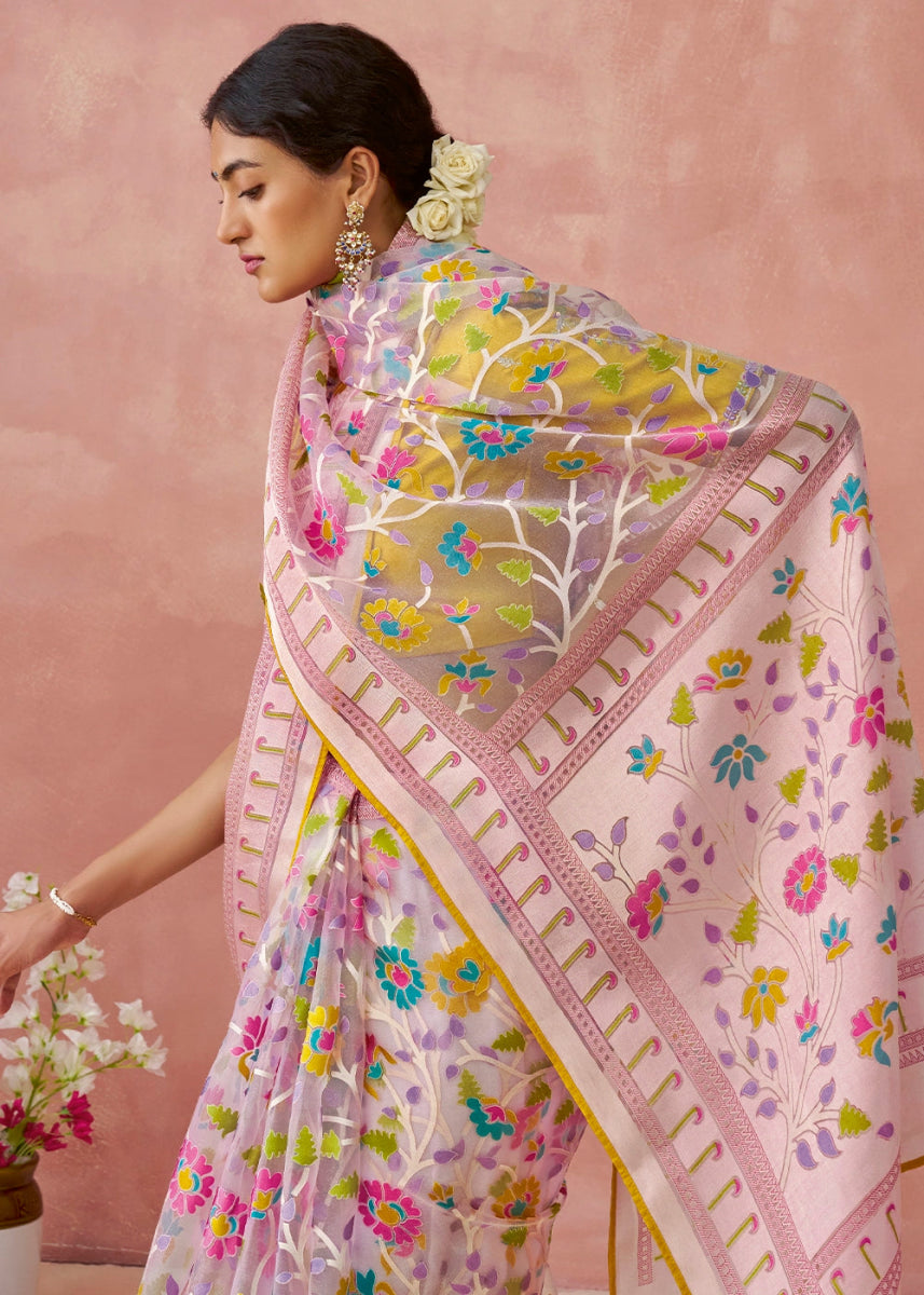 Baby Pink Brasso Organza Saree with Designer Embroidered Blouse - House of Sarvati LLC