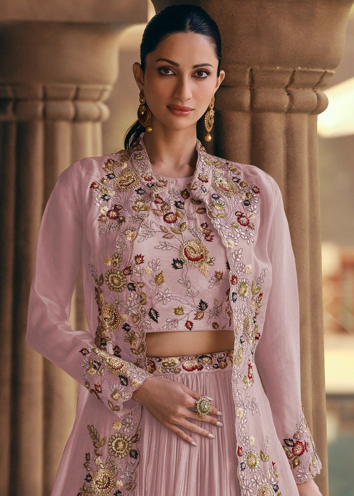 Baby Pink Chinon Silk Skirt and Top Set with Flowing Organza Jacket - House of Sarvati LLC
