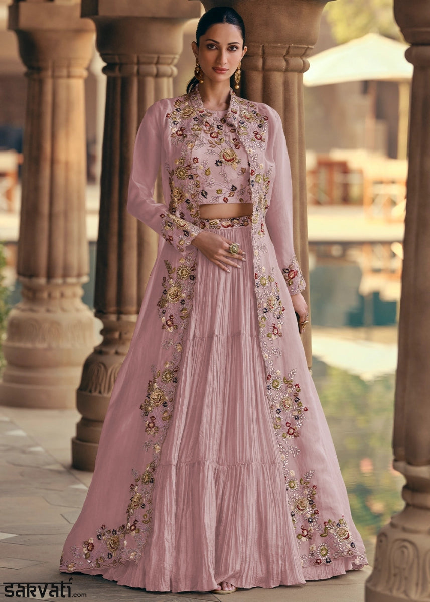 Baby Pink Chinon Silk Skirt and Top Set with Flowing Organza Jacket - House of Sarvati LLC