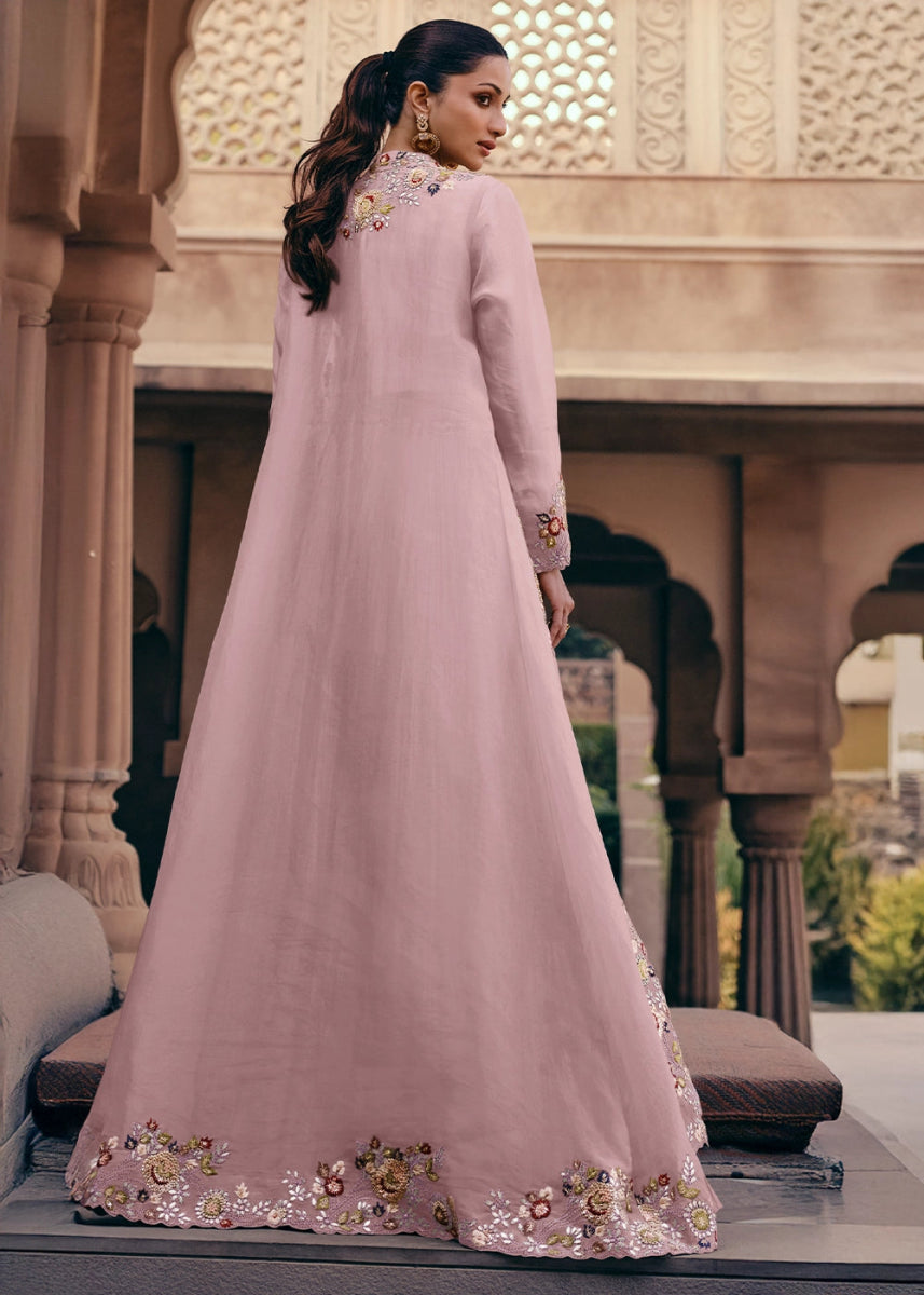 Baby Pink Chinon Silk Skirt and Top Set with Flowing Organza Jacket - House of Sarvati LLC