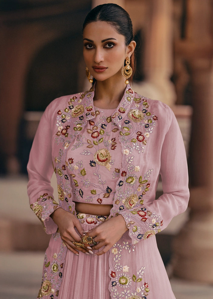 Baby Pink Chinon Silk Skirt and Top Set with Flowing Organza Jacket - House of Sarvati LLC