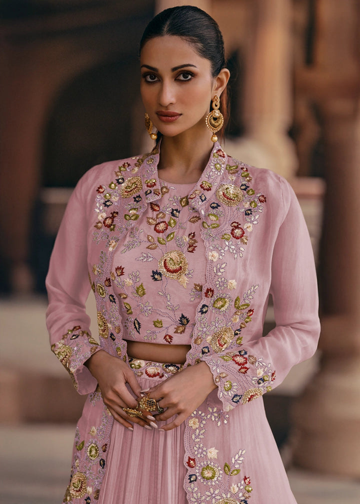 Baby Pink Chinon Silk Skirt and Top Set with Flowing Organza Jacket - House of Sarvati LLC