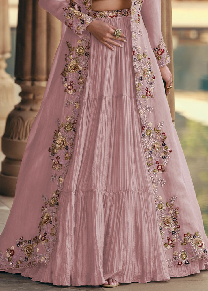 Baby Pink Chinon Silk Skirt and Top Set with Flowing Organza Jacket - House of Sarvati LLC