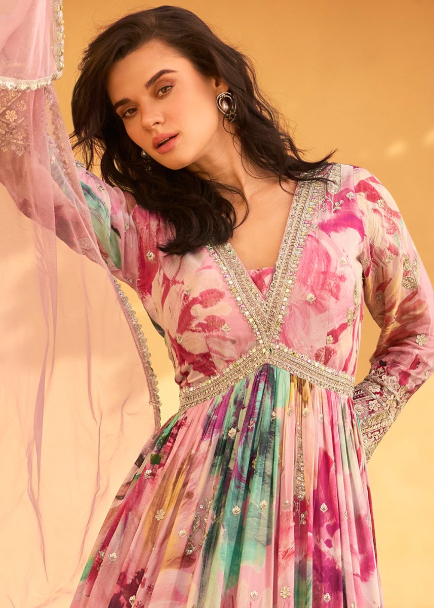 Baby Pink Embroidered Chinon Silk Anarkali with Floral Design - House of Sarvati LLC