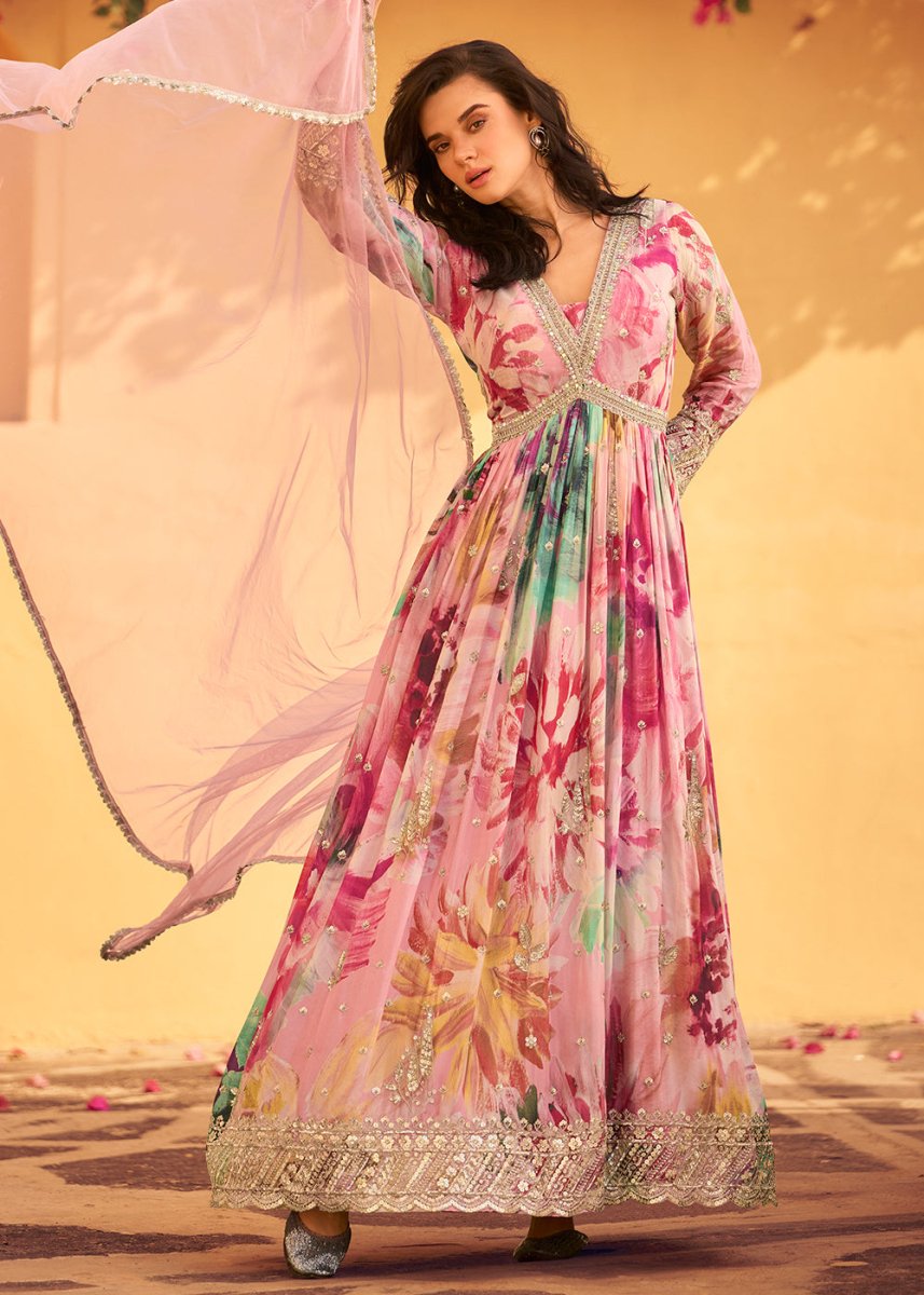 Baby Pink Embroidered Chinon Silk Anarkali with Floral Design - House of Sarvati LLC