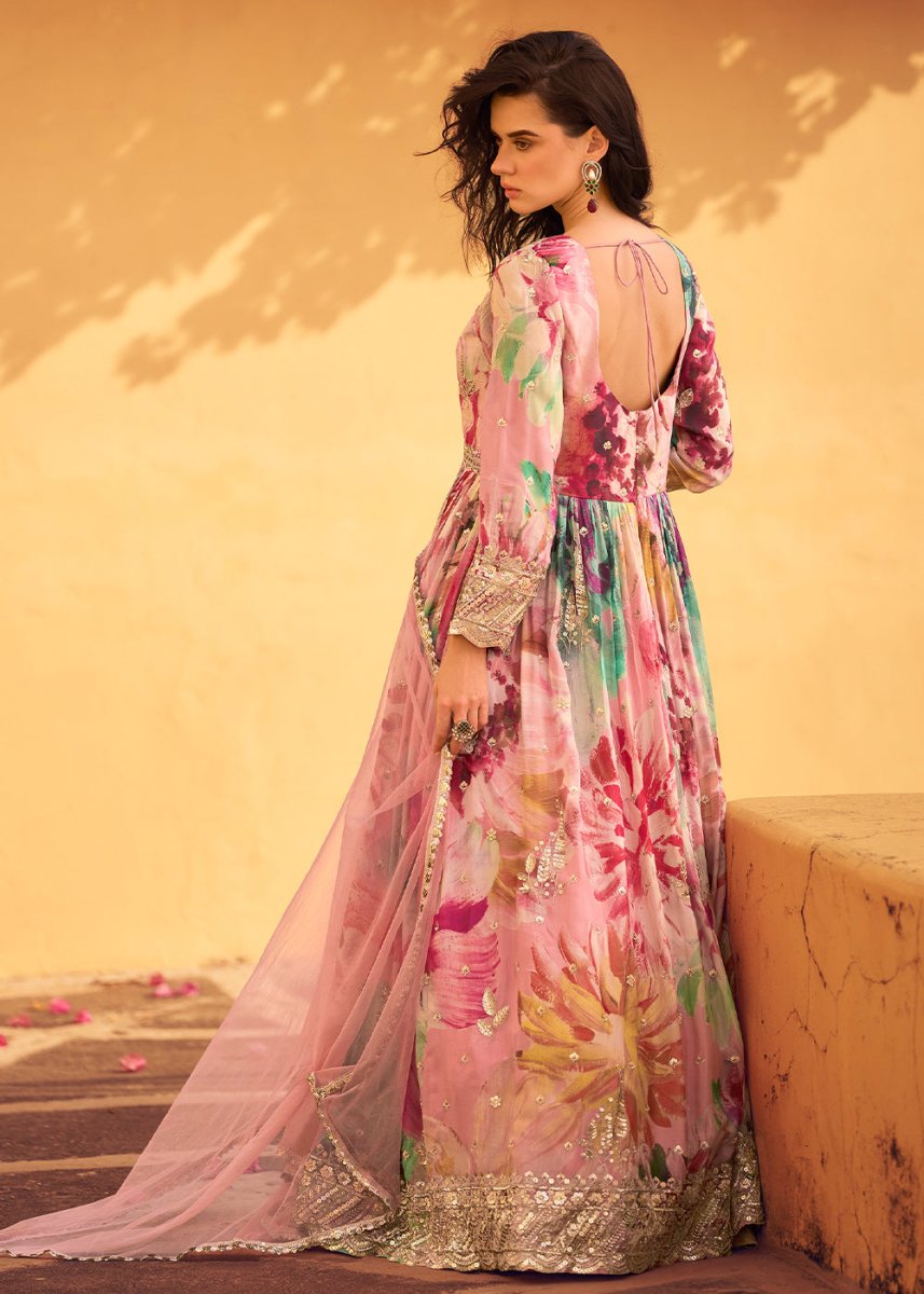 Baby Pink Embroidered Chinon Silk Anarkali with Floral Design - House of Sarvati LLC