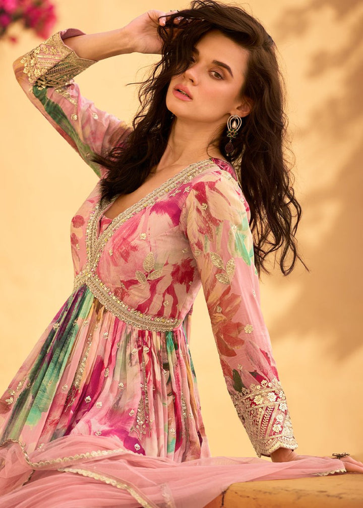 Baby Pink Embroidered Chinon Silk Anarkali with Floral Design - House of Sarvati LLC