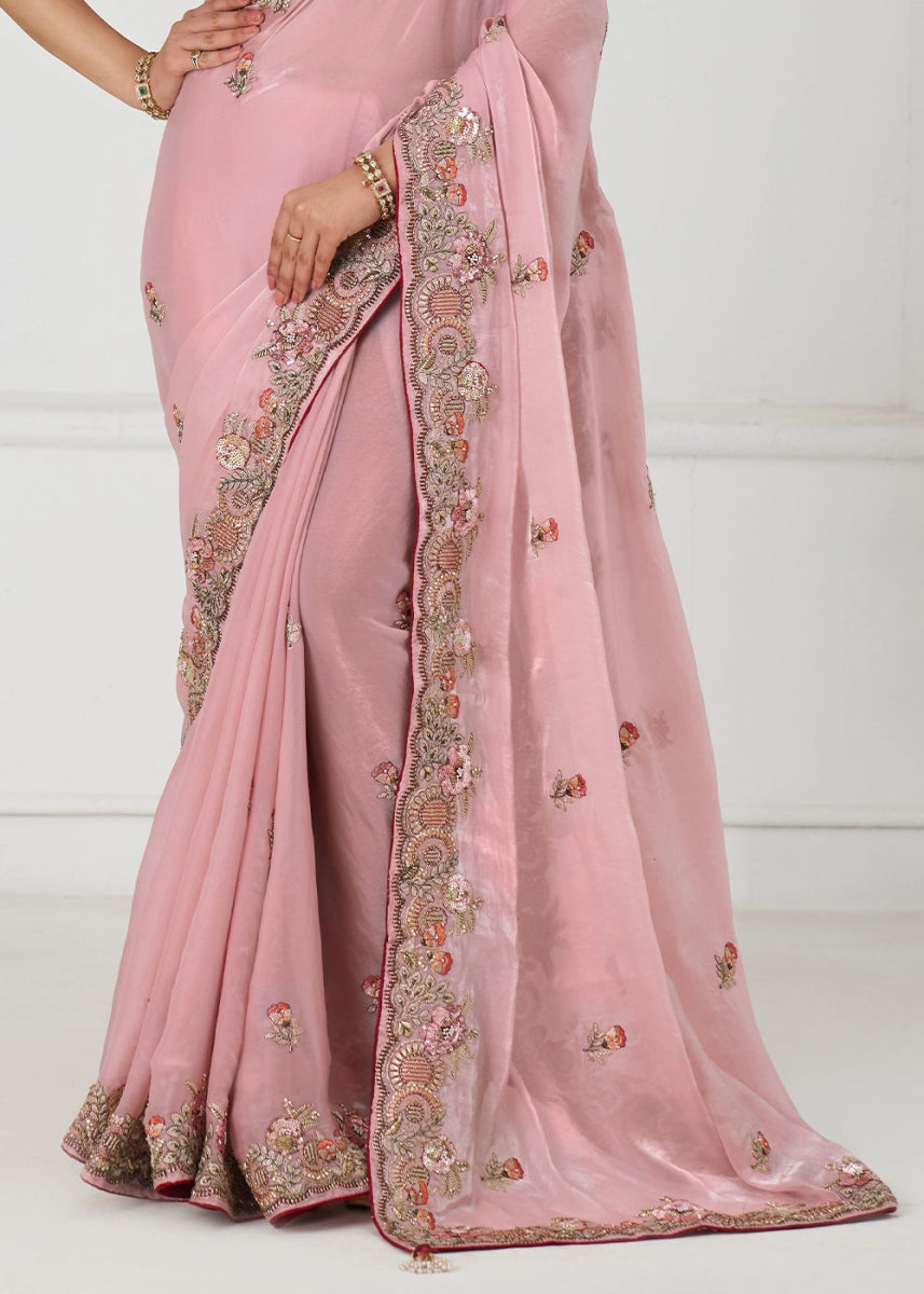 Baby Pink Silk Saree With Sequin And Zari work - House of Sarvati LLC