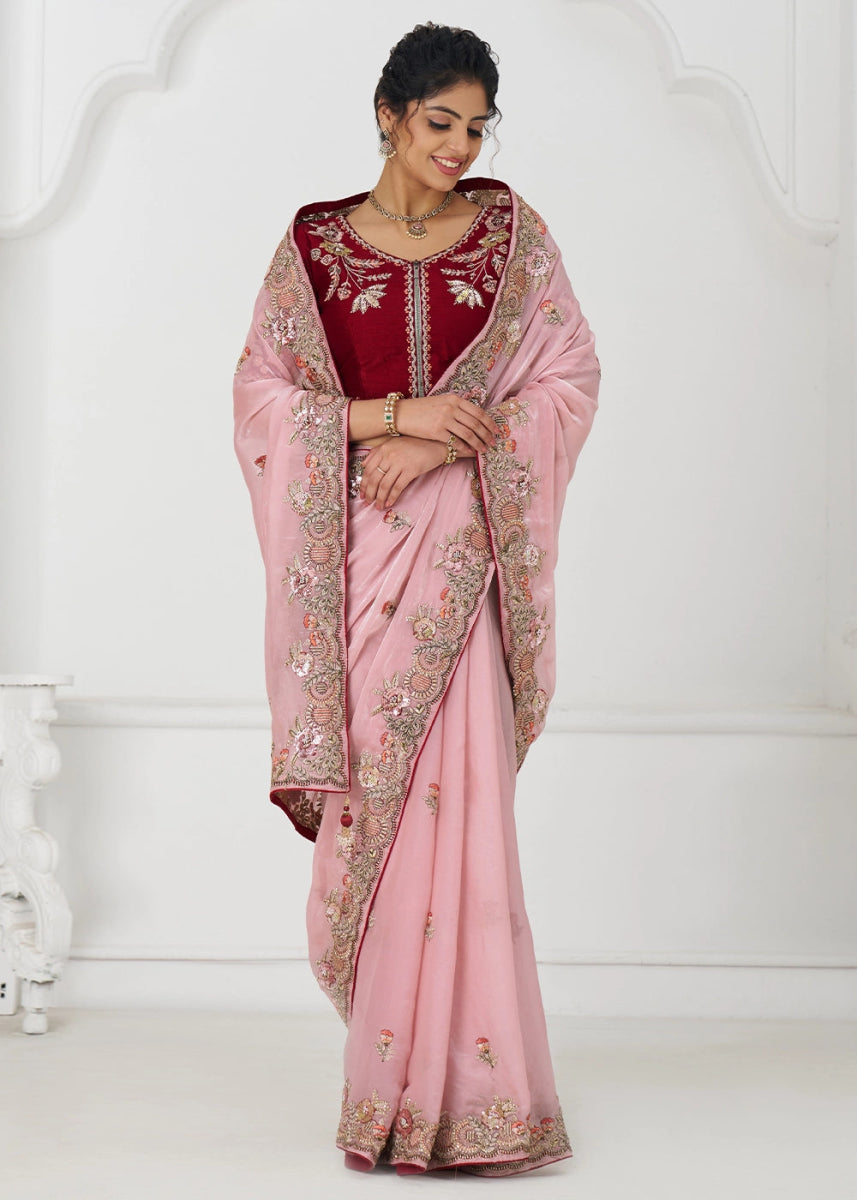 Baby Pink Silk Saree With Sequin And Zari work - House of Sarvati LLC