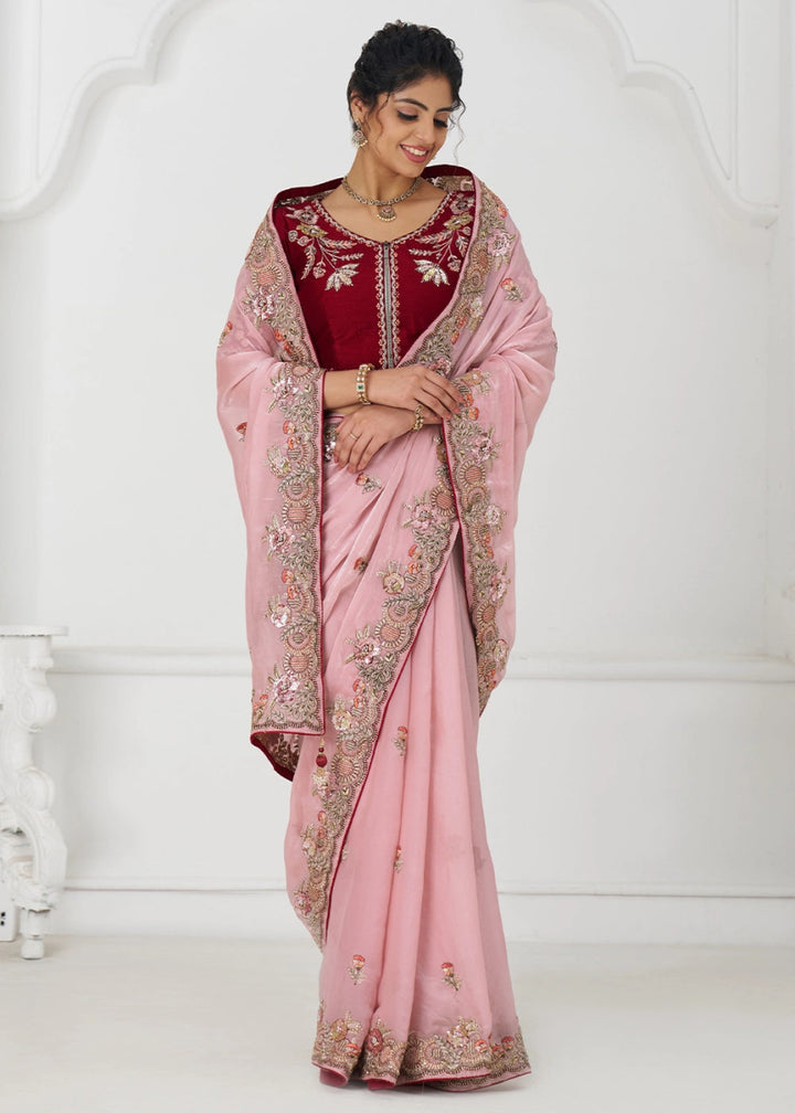 Baby Pink Silk Saree With Sequin And Zari work - House of Sarvati LLC
