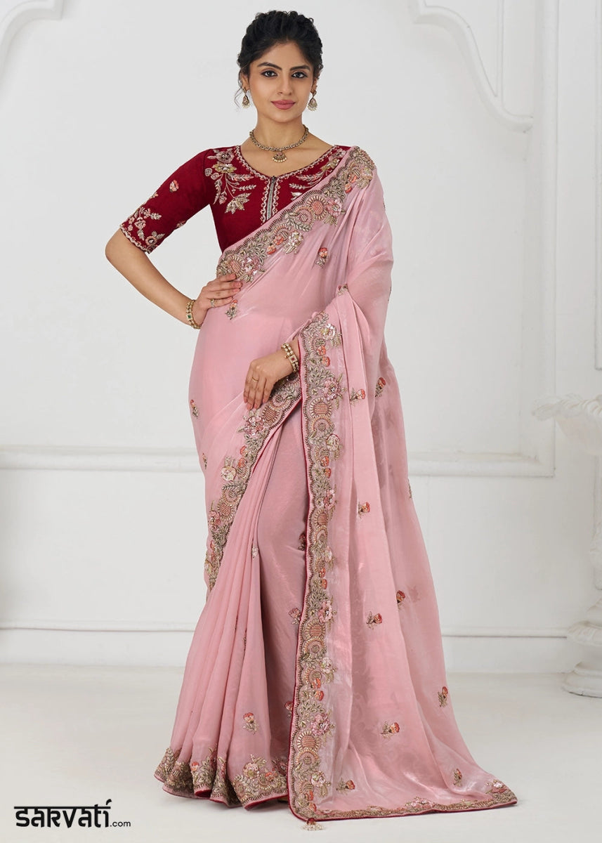 Baby Pink Silk Saree With Sequin And Zari work - House of Sarvati LLC