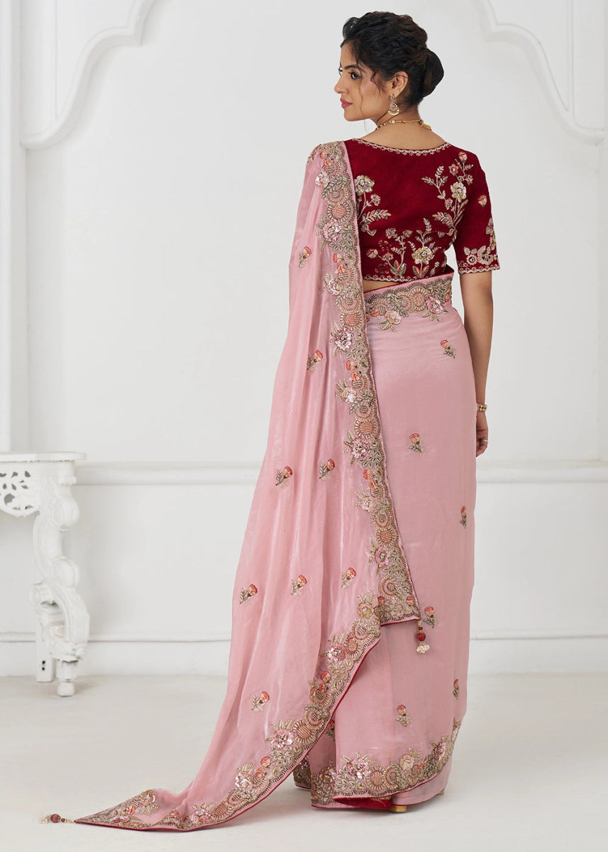 Baby Pink Silk Saree With Sequin And Zari work - House of Sarvati LLC