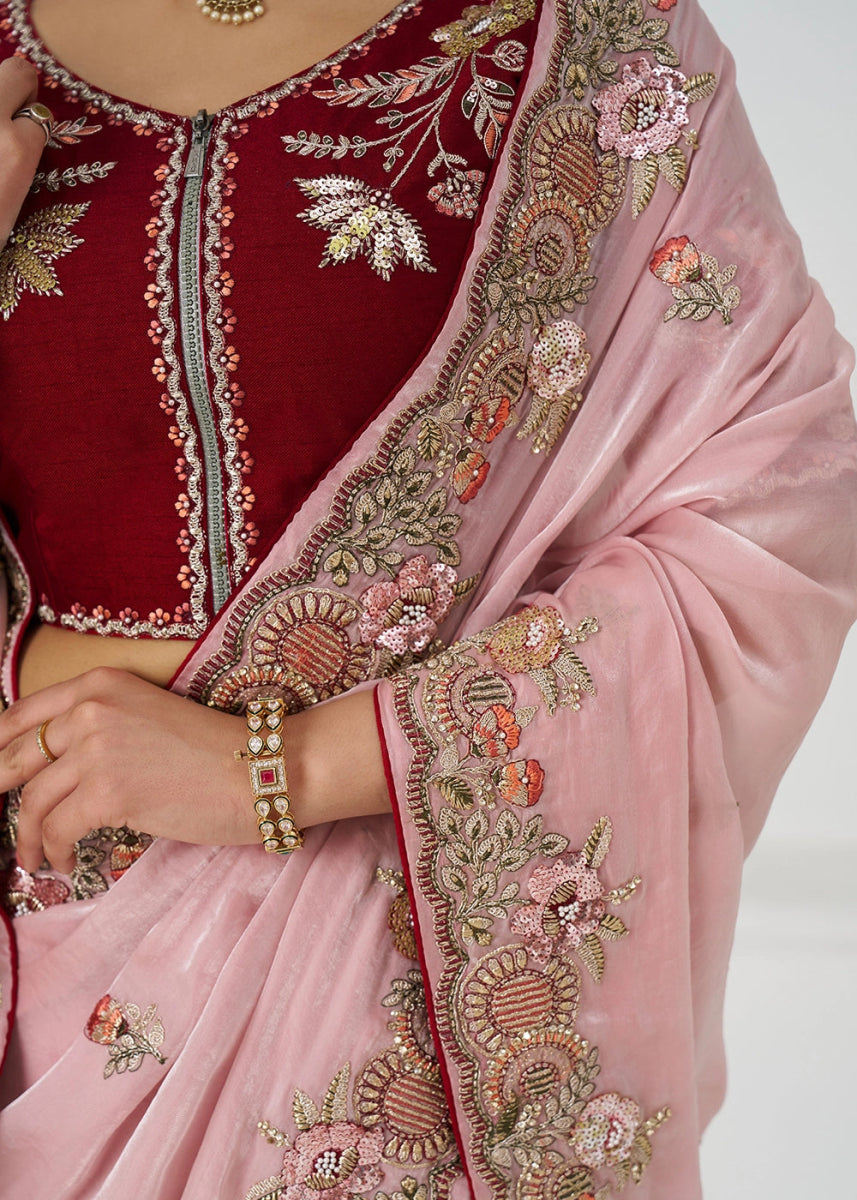 Baby Pink Silk Saree With Sequin And Zari work - House of Sarvati LLC