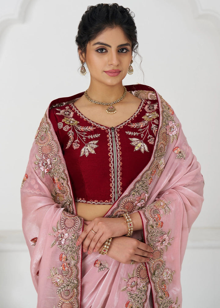 Baby Pink Silk Saree With Sequin And Zari work - House of Sarvati LLC